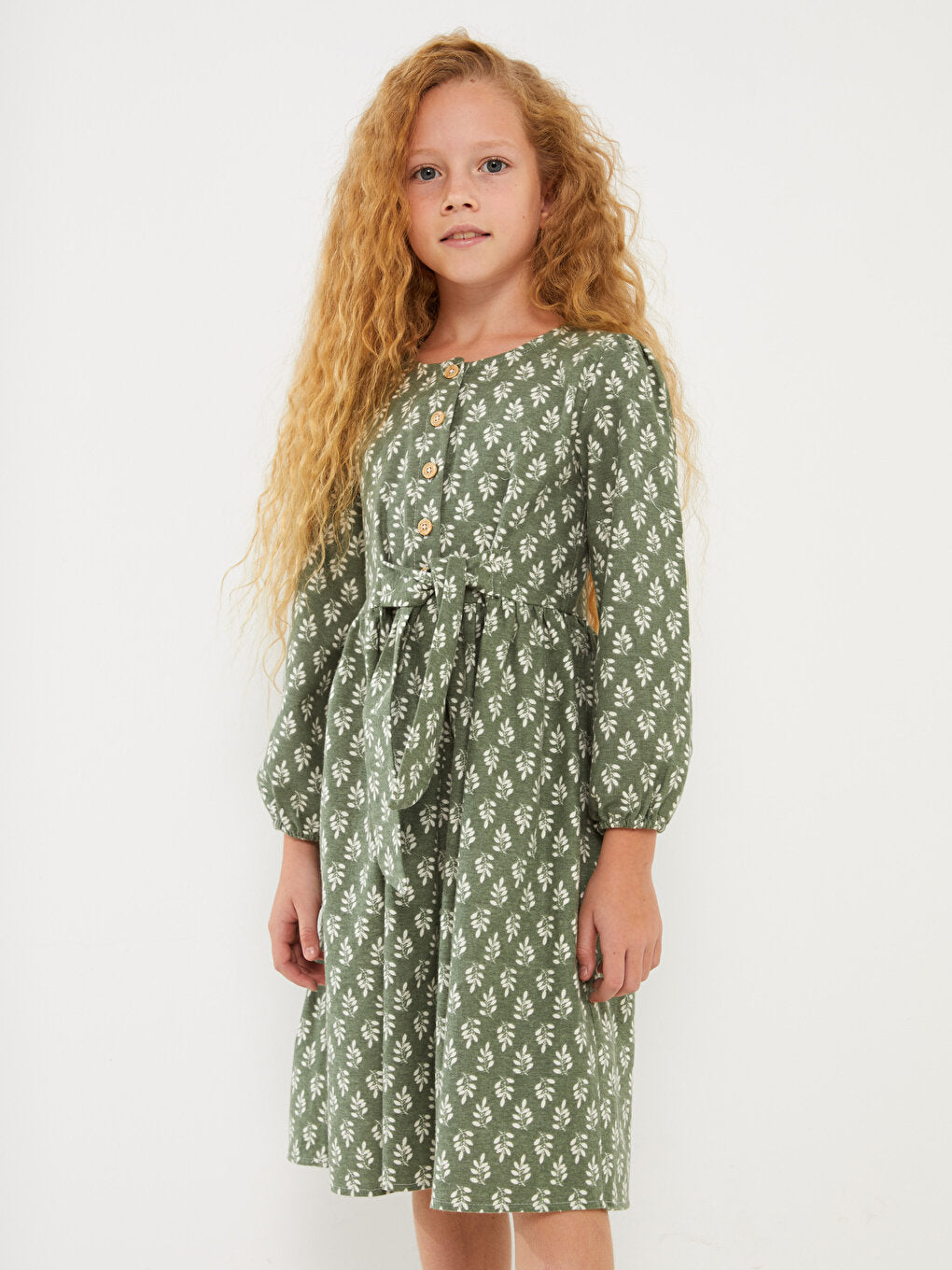 Crew Neck Patterned Long Sleeve Girl's Dress