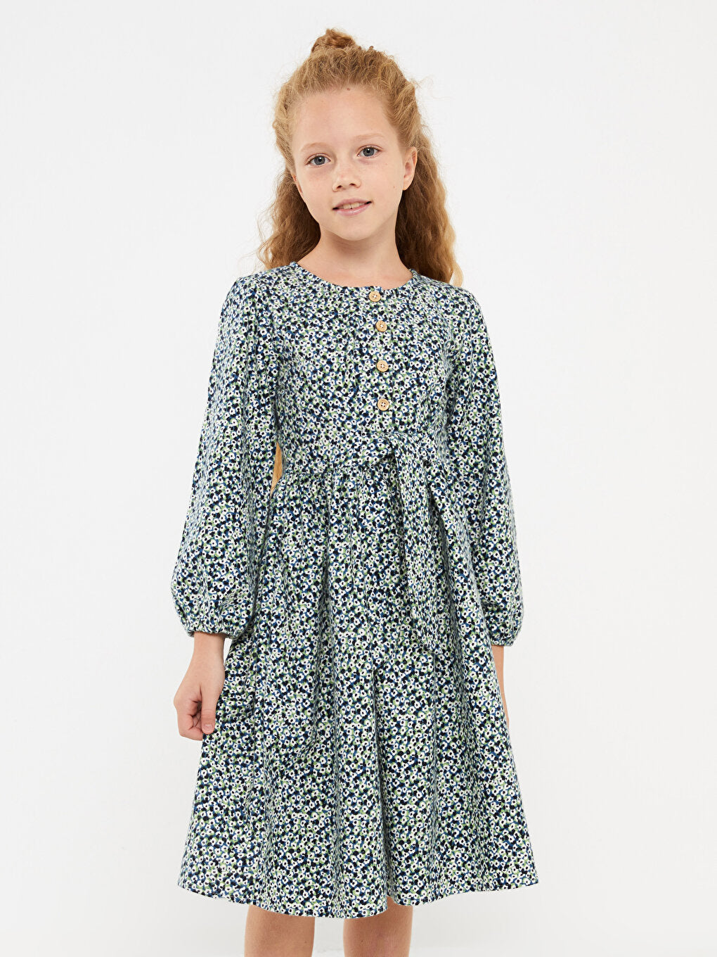 Crew Neck Patterned Long Sleeve Girl's Dress