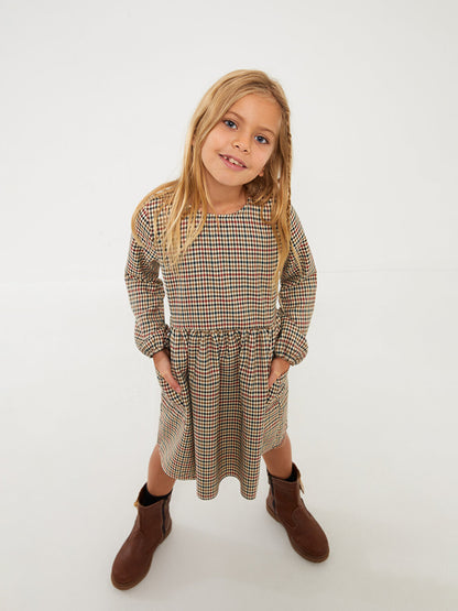 Crew Neck Plaid Long Sleeve Girl's Dress