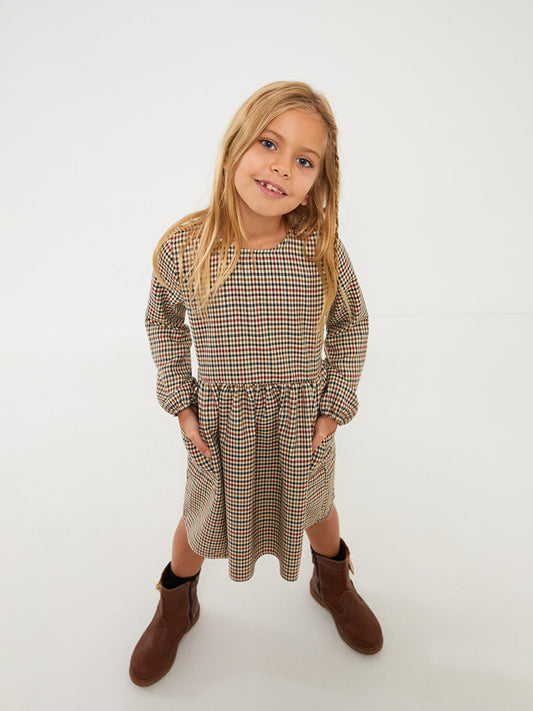 Crew Neck Plaid Long Sleeve Girl's Dress