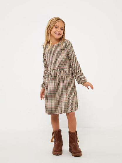 Crew Neck Plaid Long Sleeve Girl's Dress