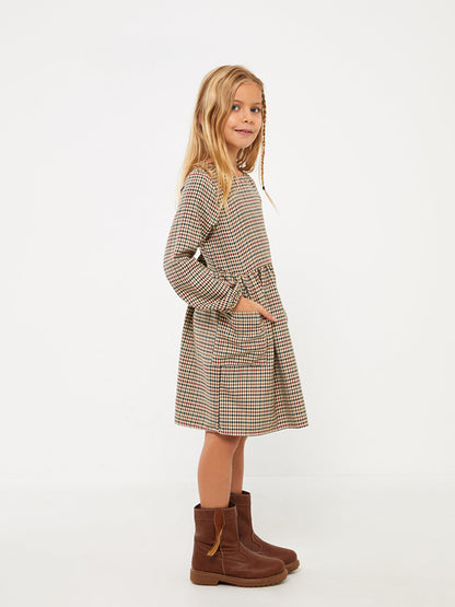 Crew Neck Plaid Long Sleeve Girl's Dress