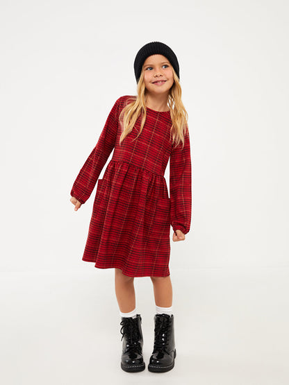 Crew Neck Plaid Long Sleeve Girl's Dress