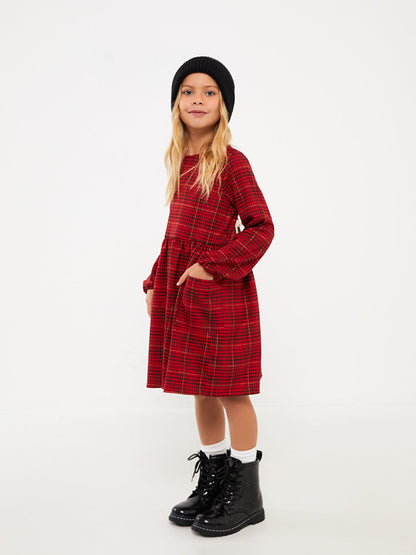 Crew Neck Plaid Long Sleeve Girl's Dress