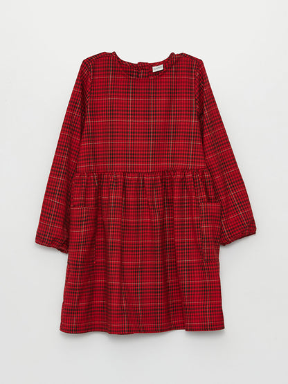 Crew Neck Plaid Long Sleeve Girl's Dress