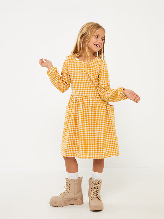 Crew Neck Plaid Long Sleeve Girl's Dress