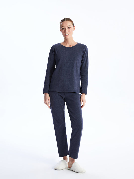 Crew Neck Plain Long Sleeve Women's Pajama Set