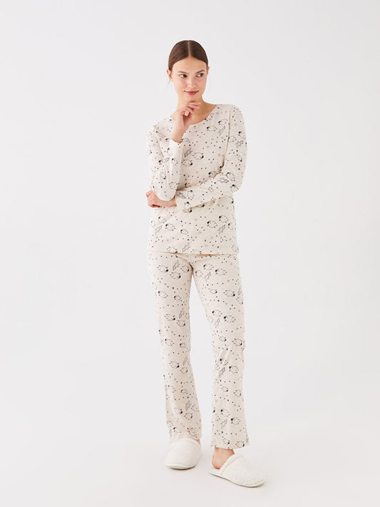 Crew Neck Printed Long Sleeve Women's Pajama Set