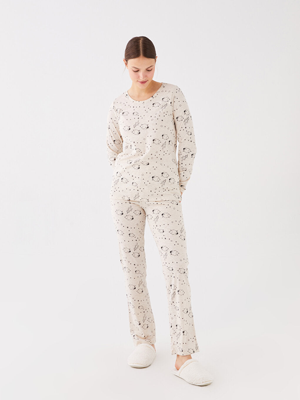 Crew Neck Printed Long Sleeve Women's Pajama Set