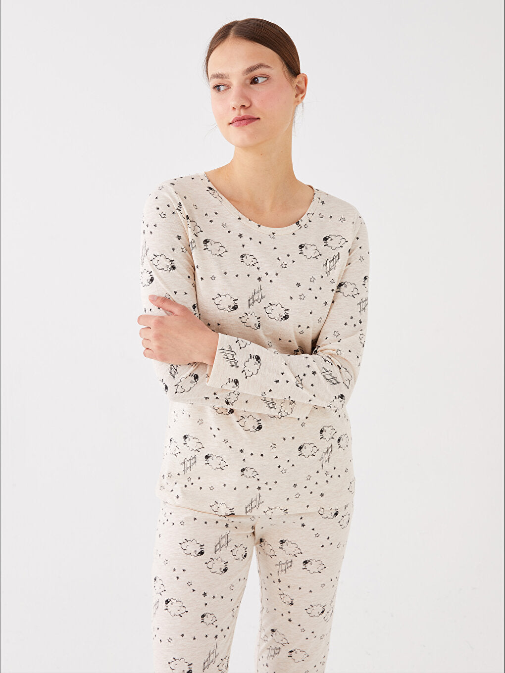 Crew Neck Printed Long Sleeve Women's Pajama Set