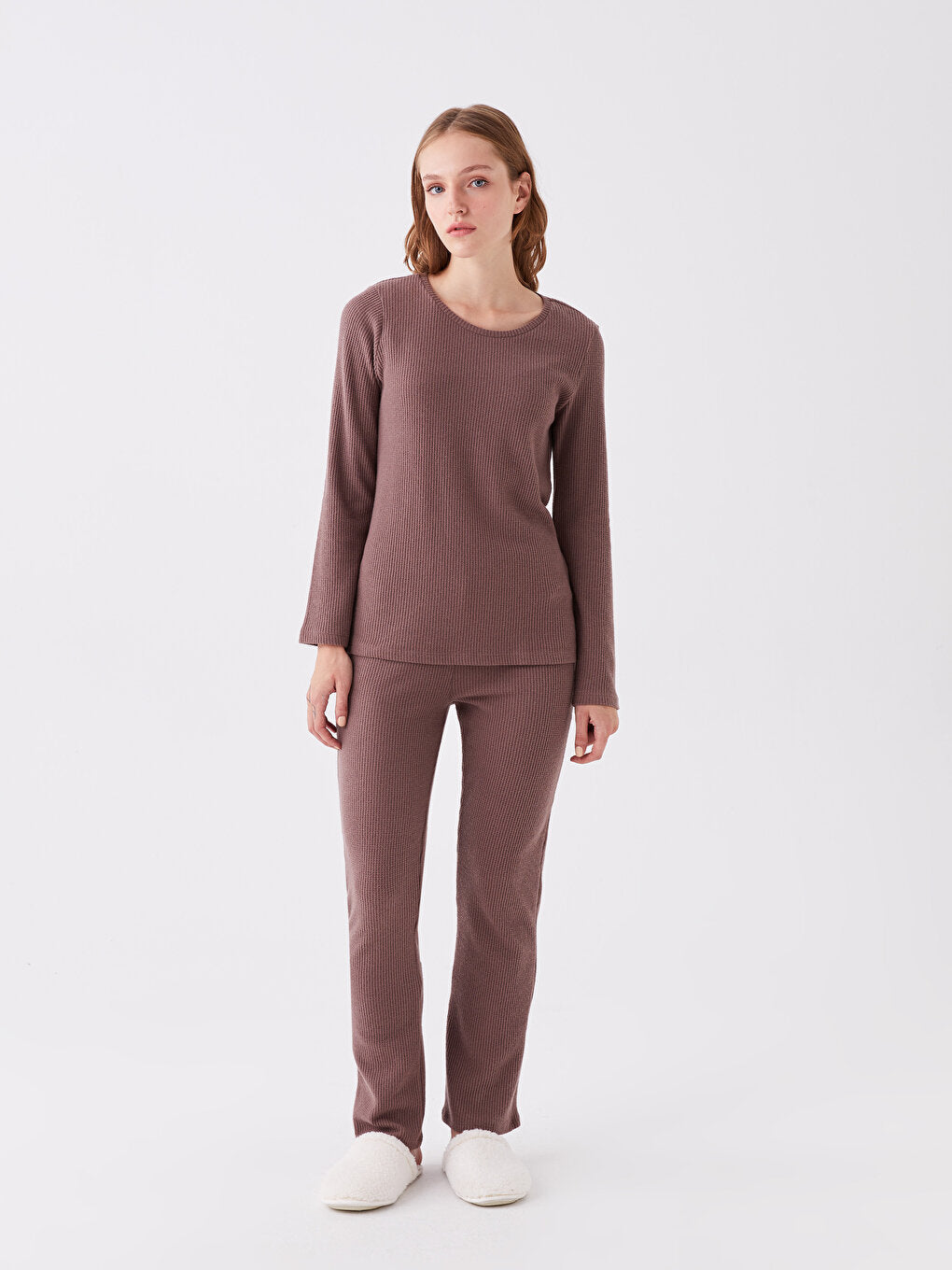 Crew Neck Plain Long Sleeve Women's Pajama Set