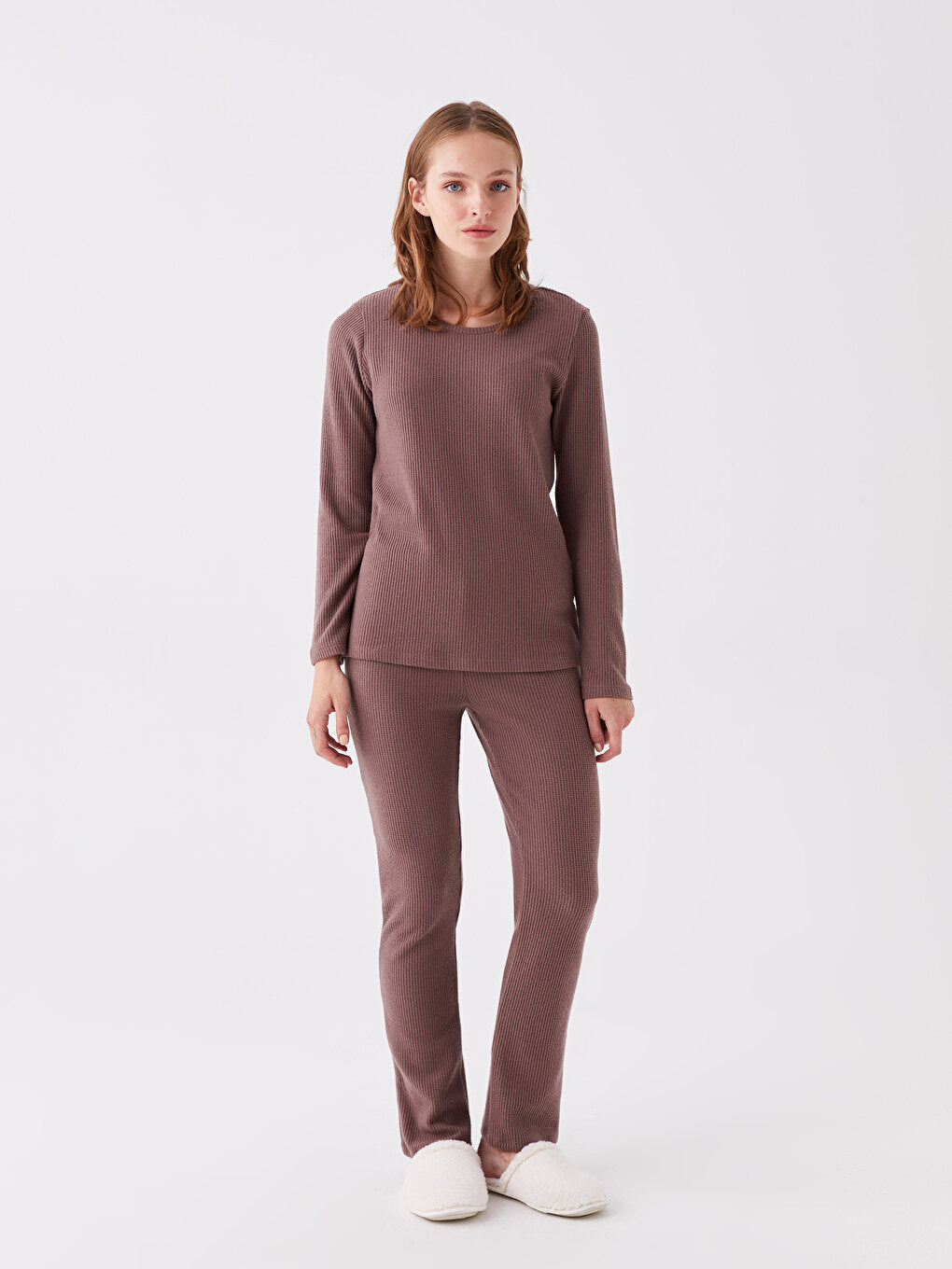 Crew Neck Plain Long Sleeve Women's Pajama Set