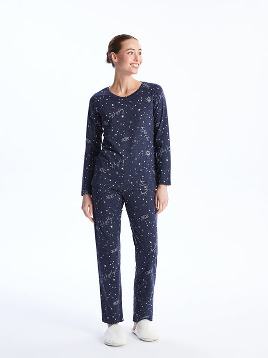 Crew Neck Printed Long Sleeve Women's Pajama Set