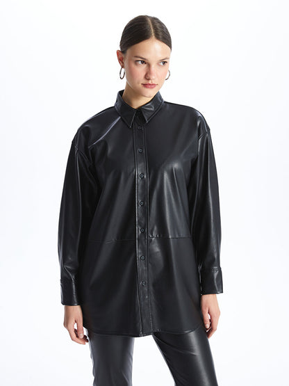 Shirt Collar Leather Look Long Sleeve Oversize Women's Tunic