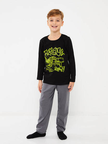 Crew Neck Printed Long Sleeve Boys' Pajama Set