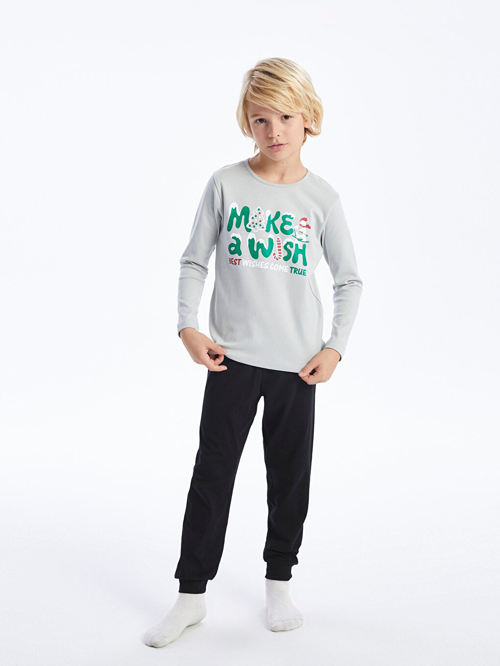 Crew Neck New Year's Themed Long Sleeve Boy's Pajama Set