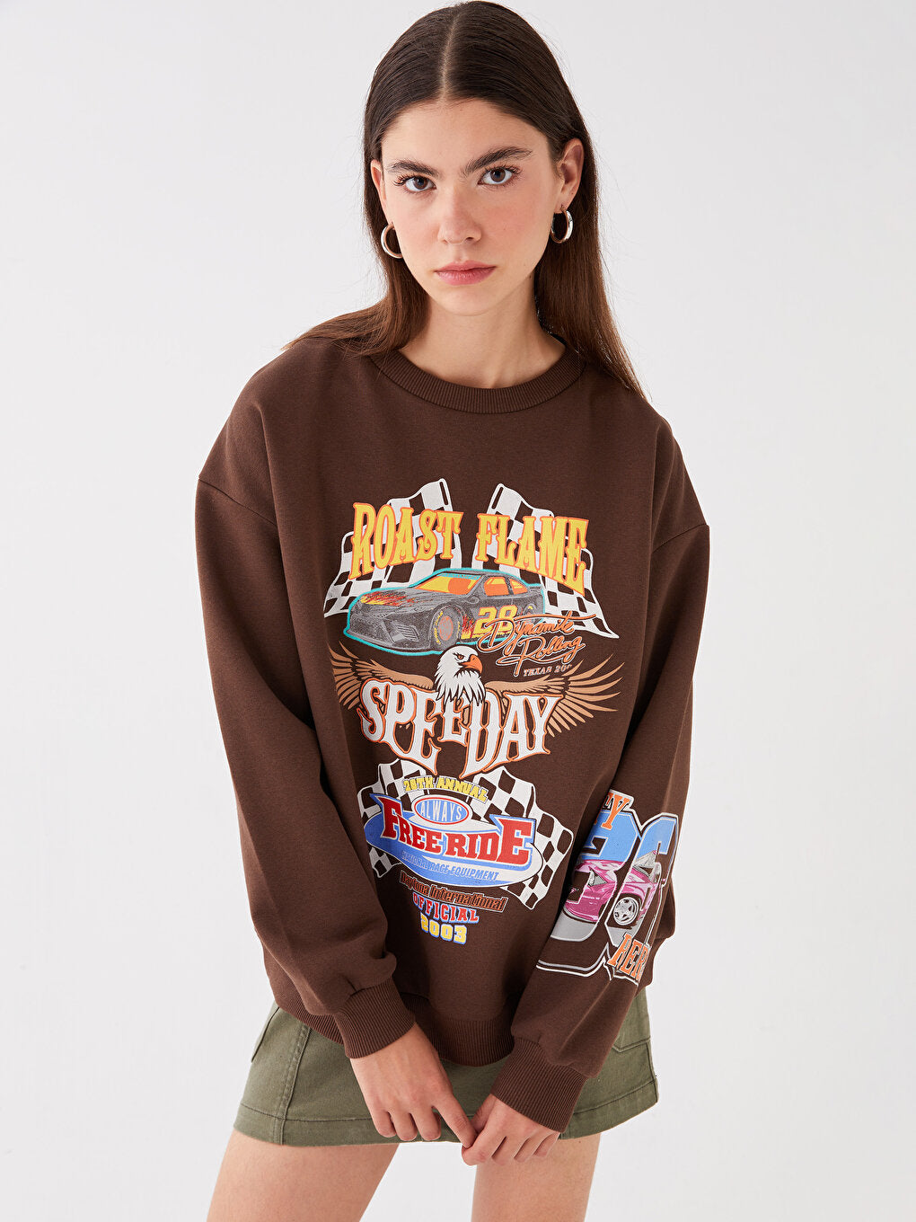 Crew Neck Printed Long Sleeve Oversize Women's Sweatshirt