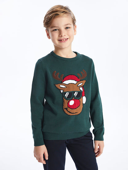 Crew Neck New Year Themed Long Sleeve Boy's Knitwear Sweater