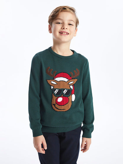 Crew Neck New Year Themed Long Sleeve Boy's Knitwear Sweater