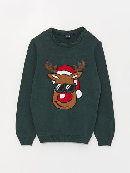 Crew Neck New Year Themed Long Sleeve Boy's Knitwear Sweater