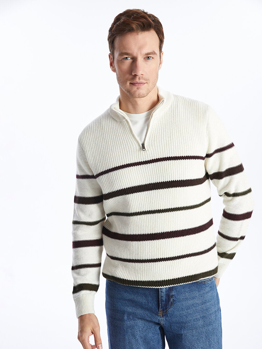 High Collar Long Sleeve Striped Men's Knitwear Sweater