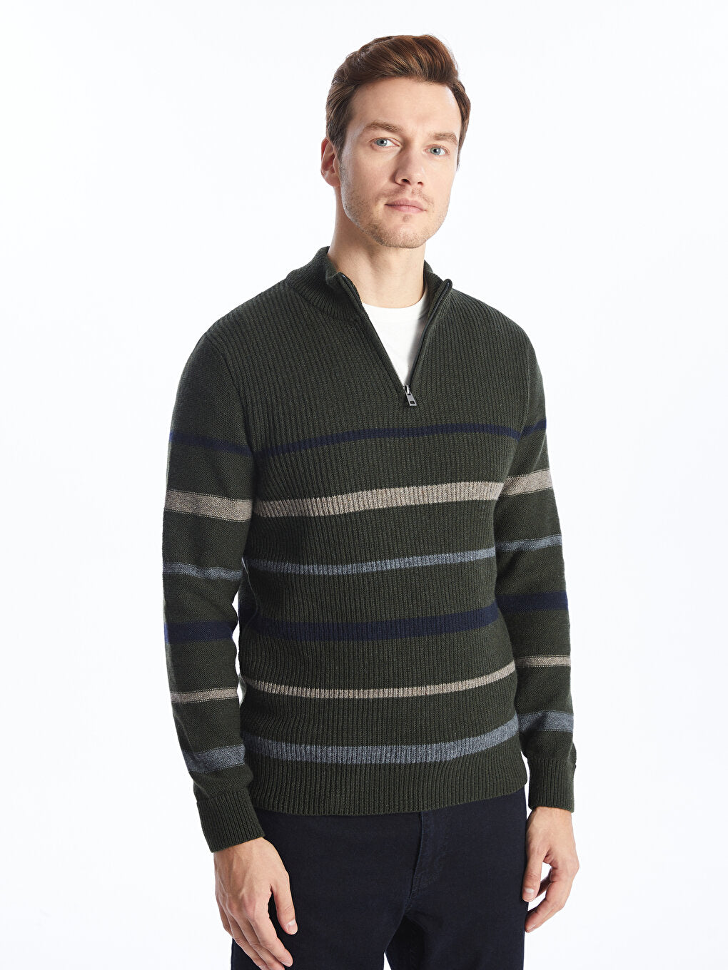 High Collar Long Sleeve Striped Men's Knitwear Sweater