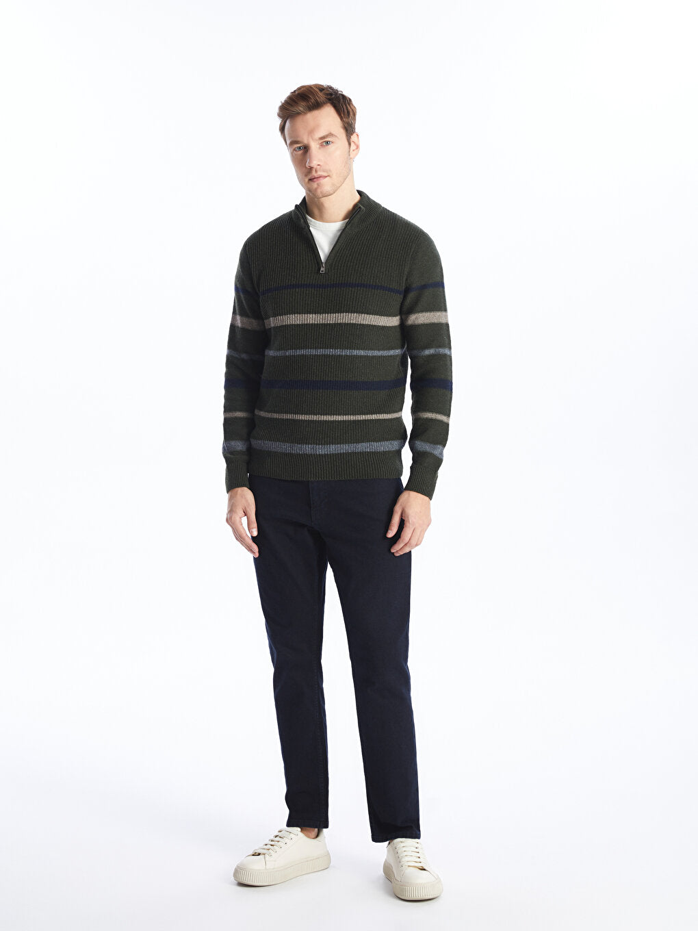 High Collar Long Sleeve Striped Men's Knitwear Sweater