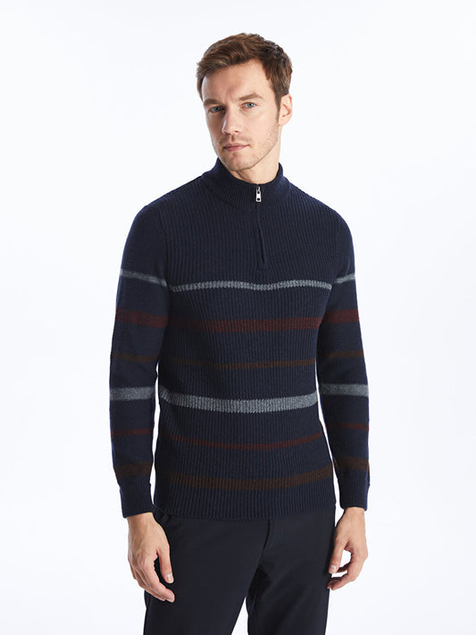 High Collar Long Sleeve Striped Men's Knitwear Sweater