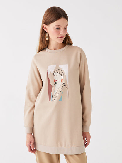 Crew Neck Printed Long Sleeve Women's Sweatshirt Tunic