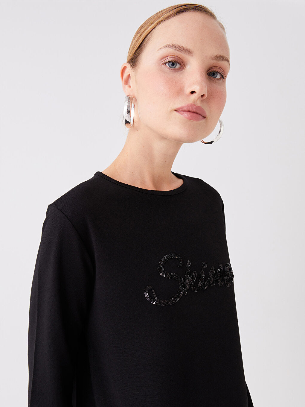 Crew Neck Sequin Embroidered Long Sleeve Women's Tunic