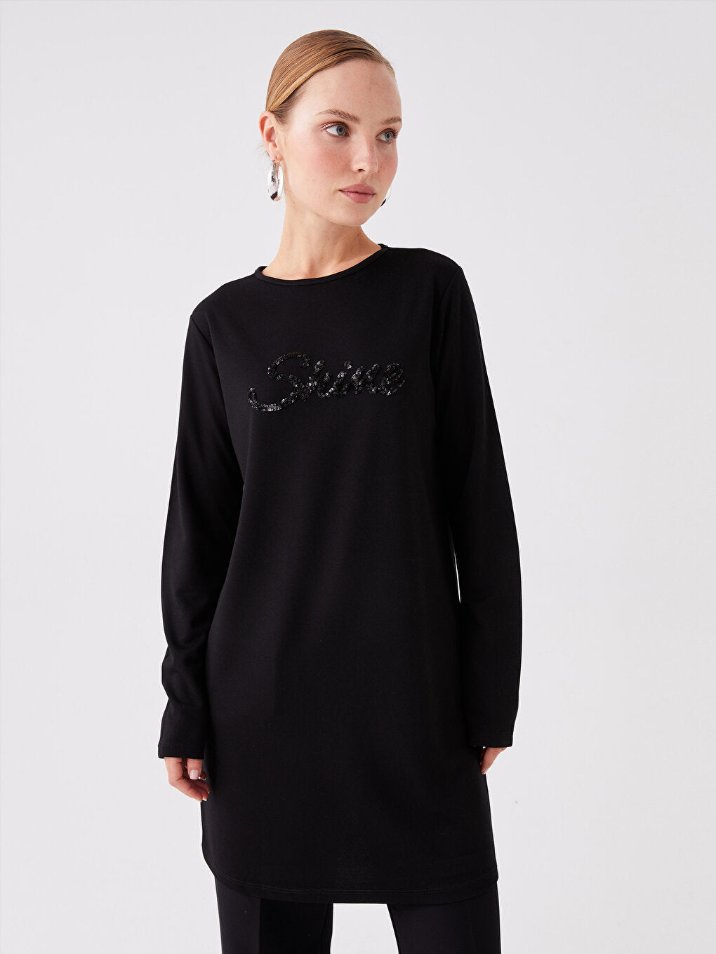 Crew Neck Sequin Embroidered Long Sleeve Women's Tunic