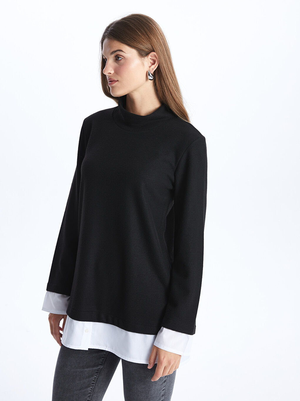 High Collar Plain Long Sleeve Women's Tunic