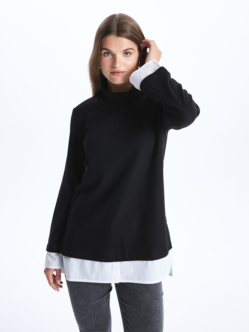 High Collar Plain Long Sleeve Women's Tunic