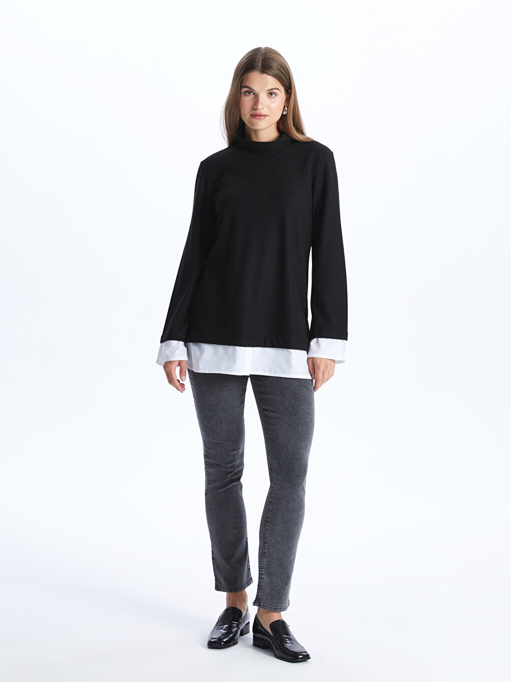 High Collar Plain Long Sleeve Women's Tunic