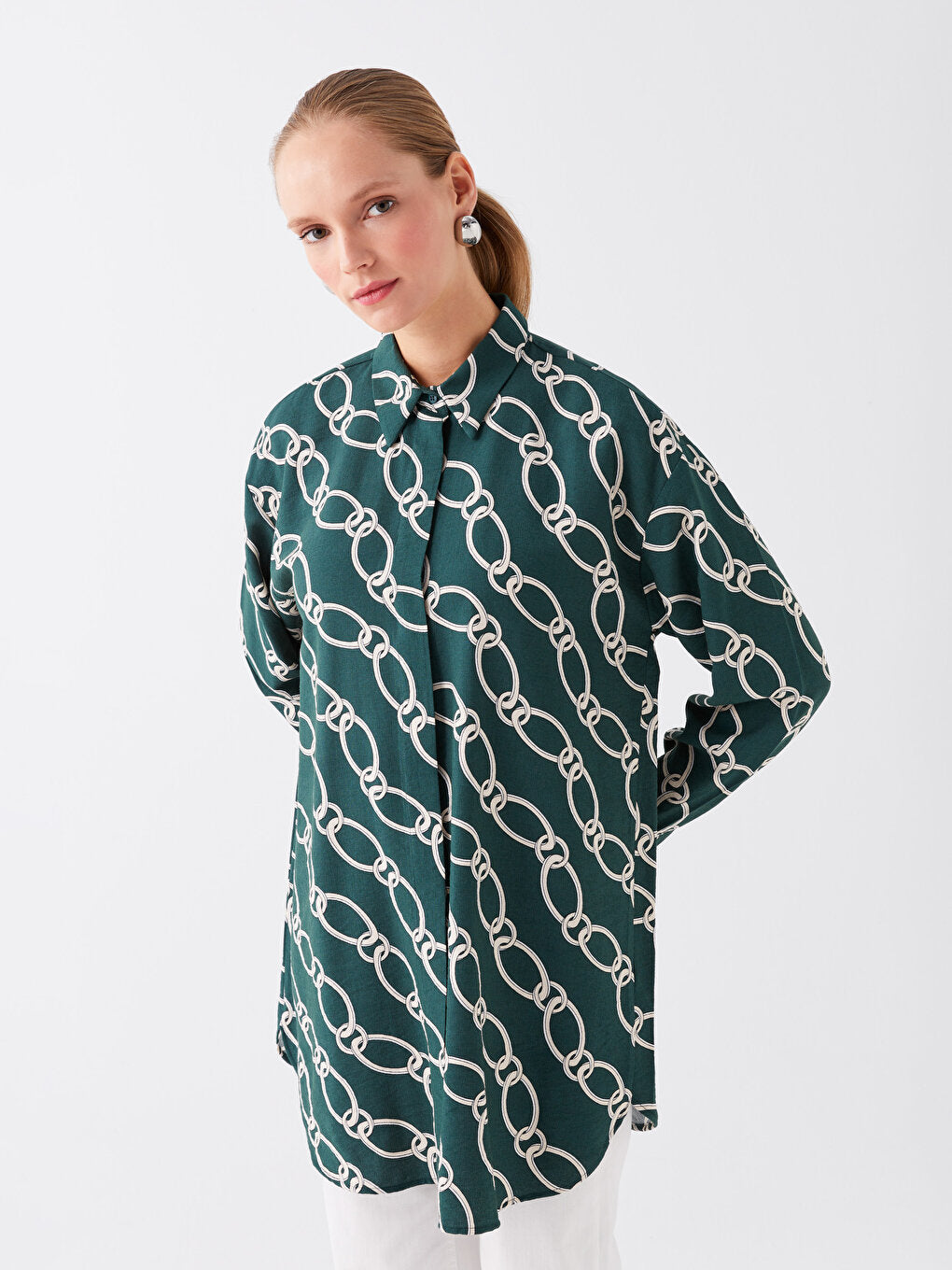 Patterned Long Sleeve Oversize Women's Shirt Tunic