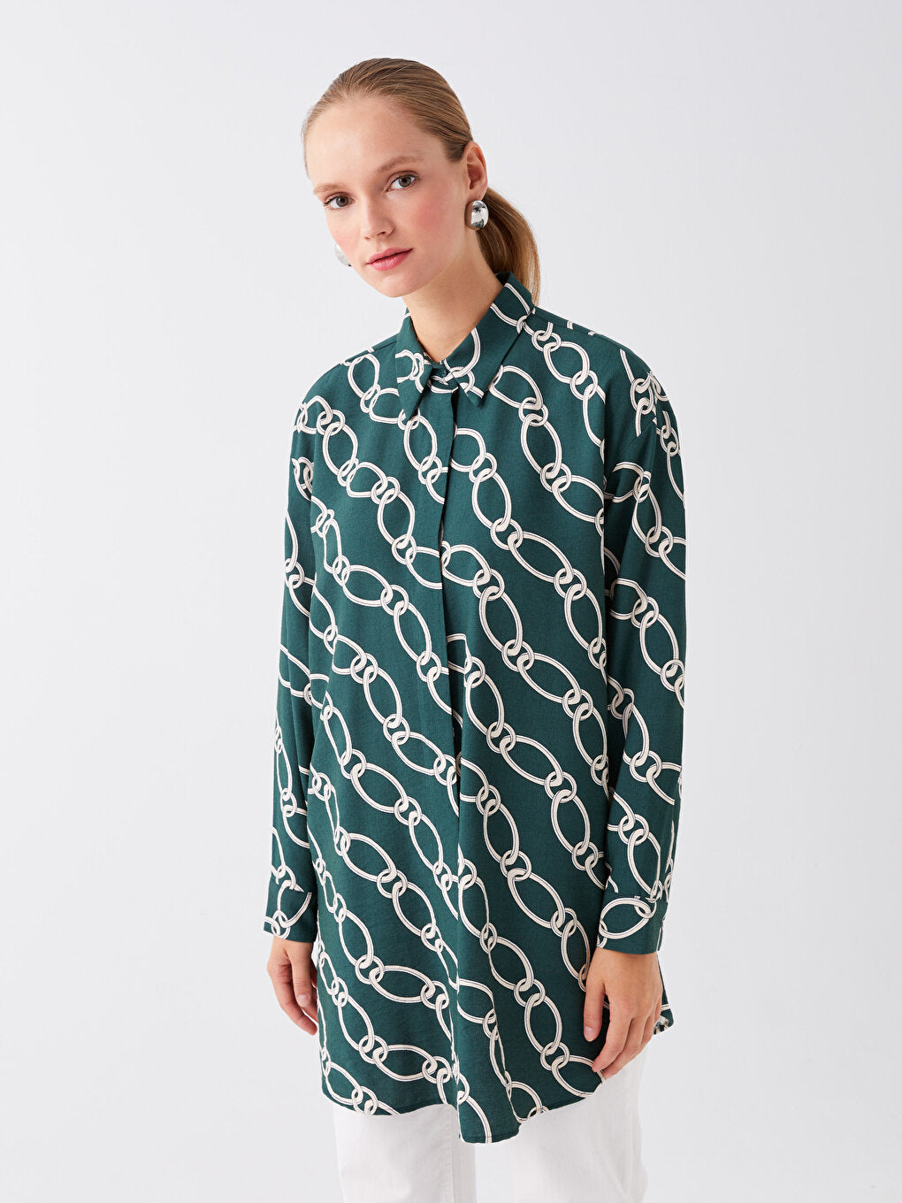 Patterned Long Sleeve Oversize Women's Shirt Tunic