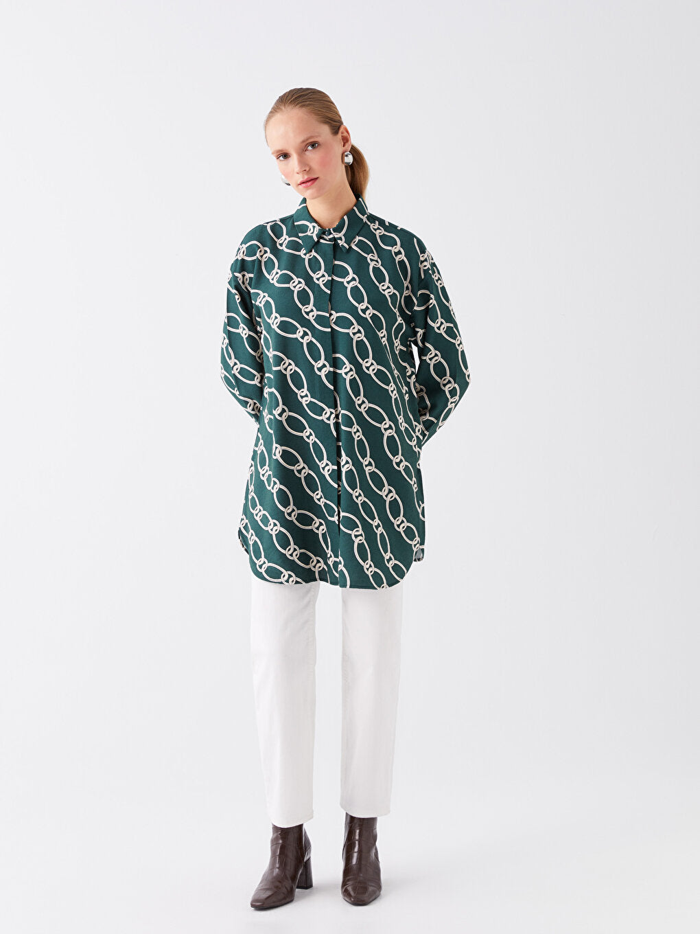 Patterned Long Sleeve Oversize Women's Shirt Tunic