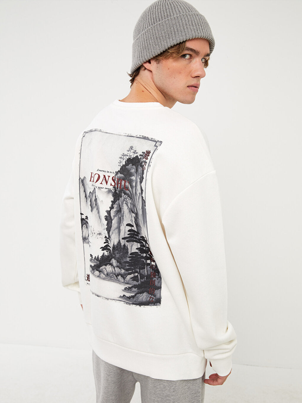 Oversize Crew Neck Long Sleeve Printed Men's Sweatshirt