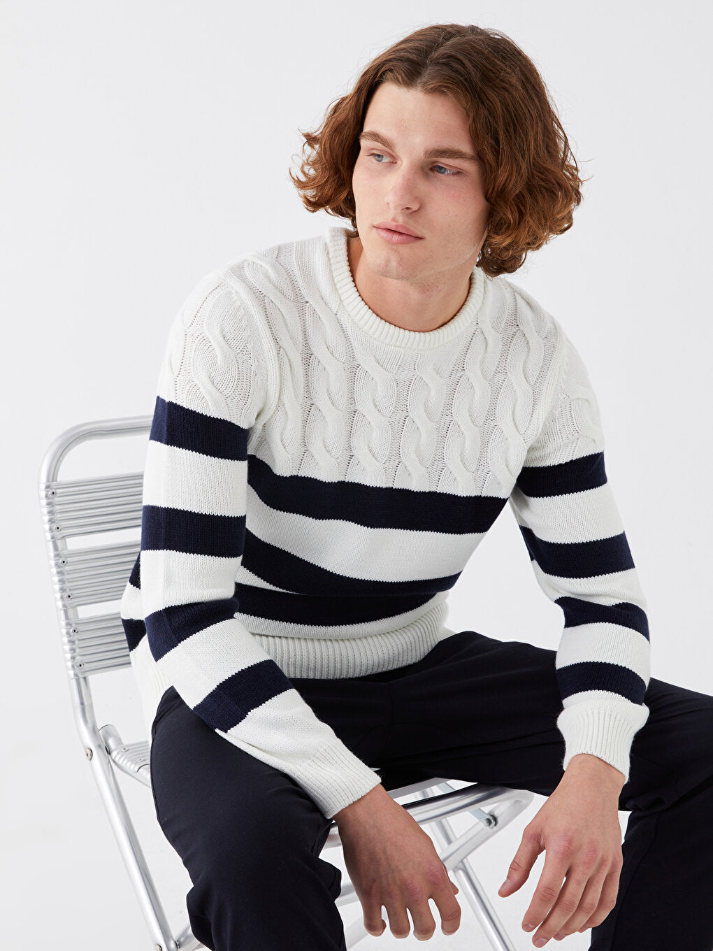 Crew Neck Long Sleeve Striped Men's Knitwear Sweater