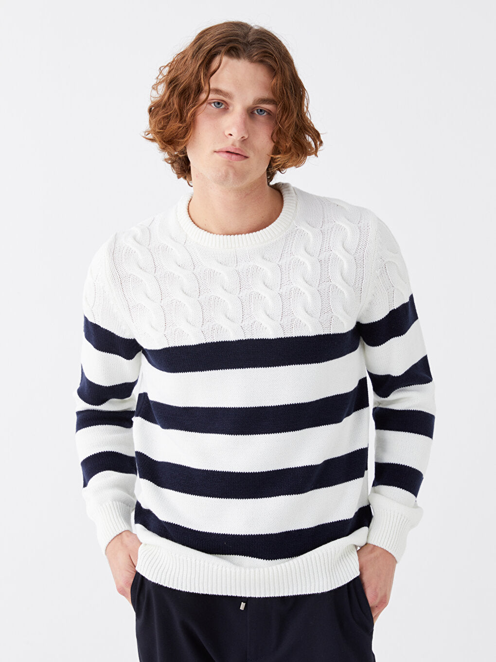 Crew Neck Long Sleeve Striped Men's Knitwear Sweater