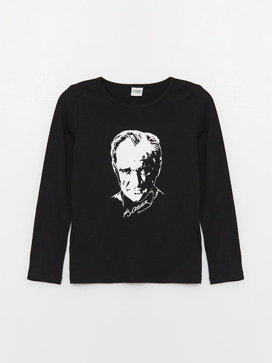 Crew Neck Ataturk Printed Long Sleeve Girls' T-Shirt