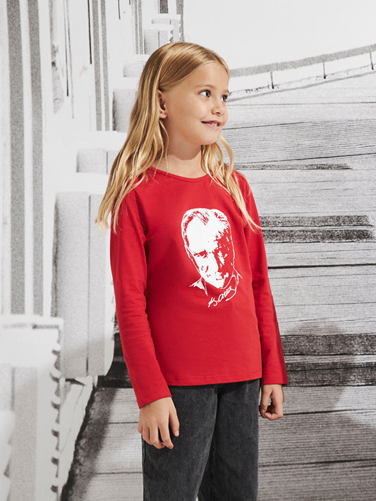 Crew Neck Ataturk Printed Long Sleeve Girls' T-Shirt