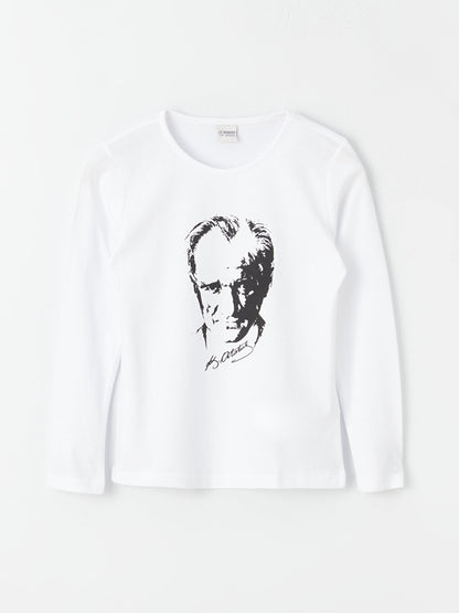 Crew Neck Ataturk Printed Long Sleeve Girl's T-shirt