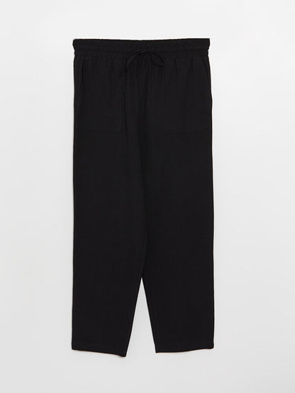 Plain Linen Blend Women's Trousers with Elastic Waist