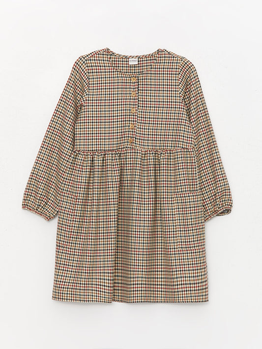 Crew Neck Plaid Long Sleeve Girl's Dress