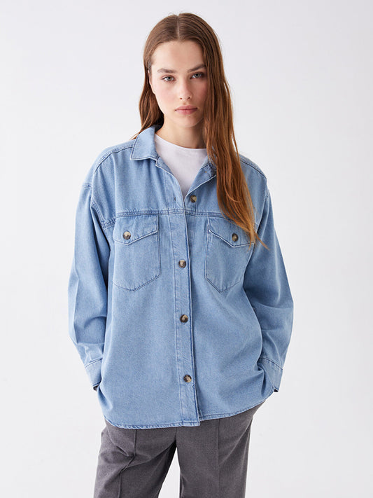 Plain Long Sleeve Oversize Women's Jean Shirt