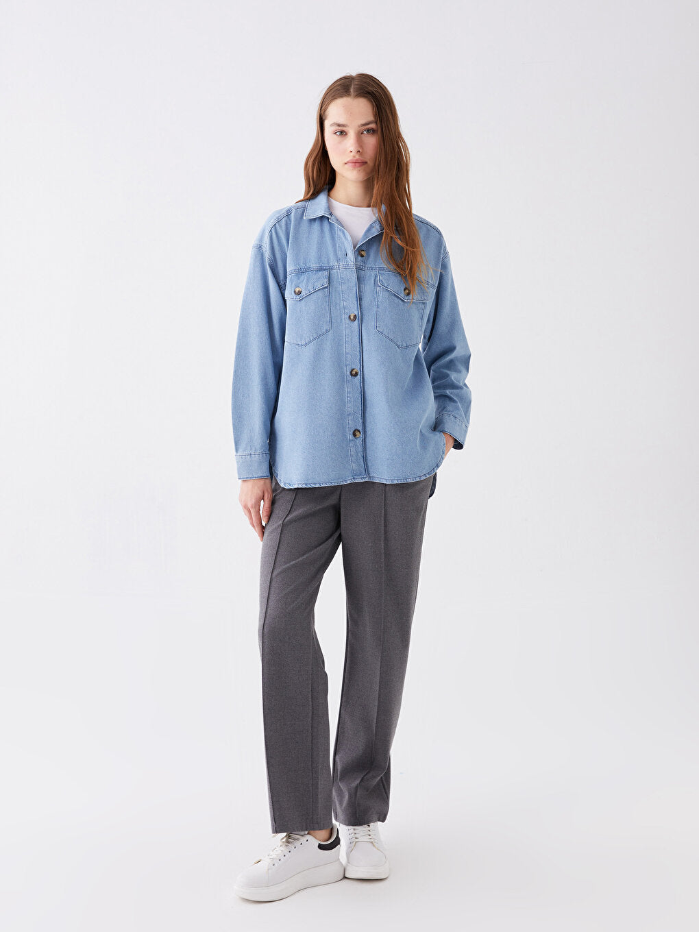 Plain Long Sleeve Oversize Women's Jean Shirt