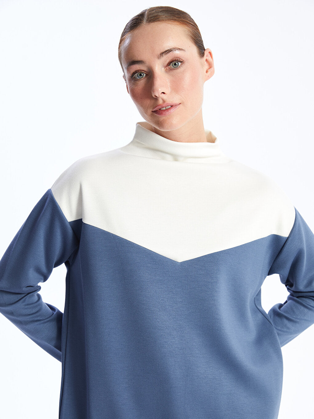 High Collar Color Blocked Long Sleeve Oversize Women's Tunic