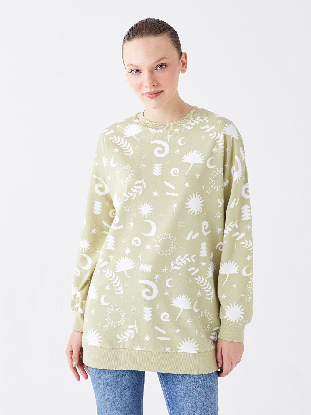 Crew Neck Printed Long Sleeve Women's Sweatshirt Tunic