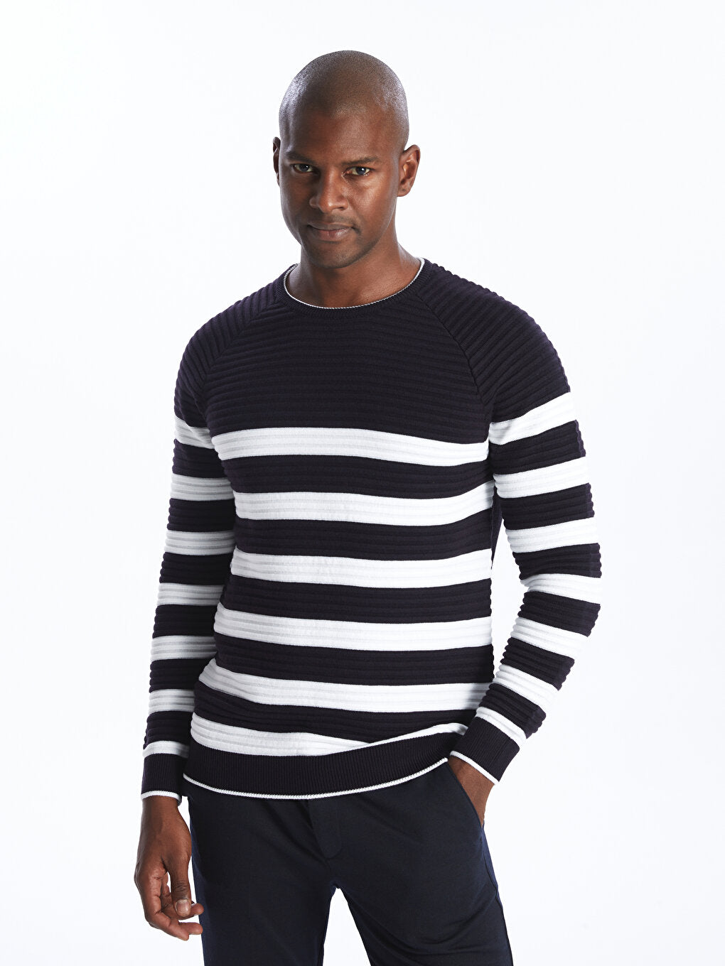 Crew Neck Long Sleeve Striped Men's Knitwear Sweater